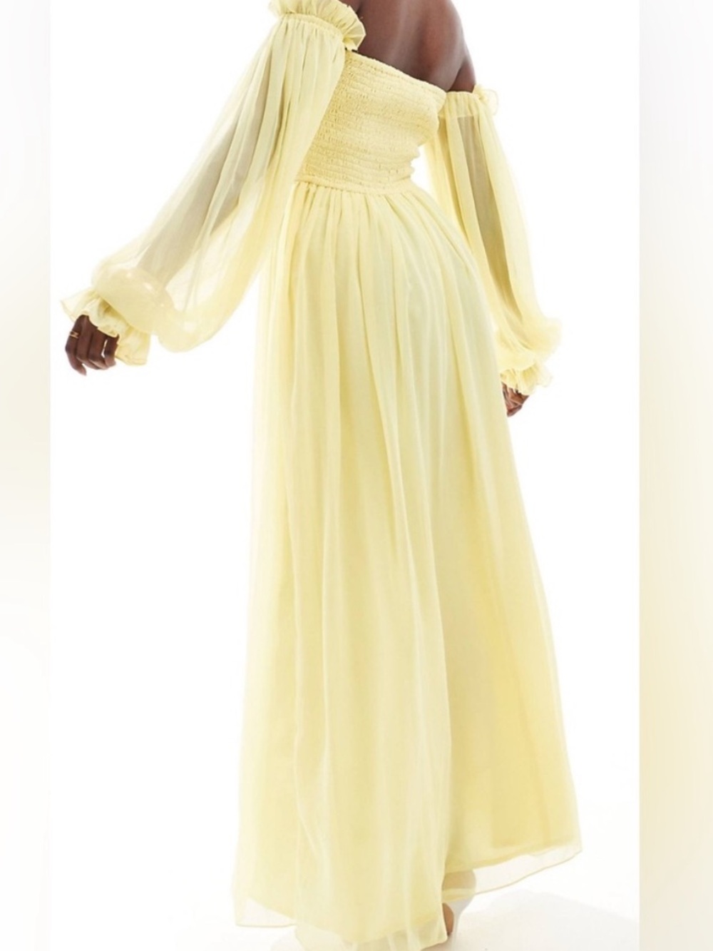 Smocked Off-Shoulder Long Sleeve Maxi Dress in Lemon